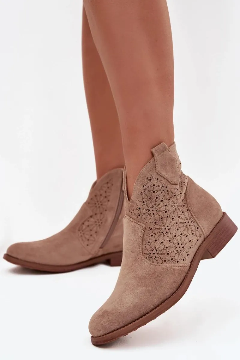 Discount Botki Damskie Na Płaskim Obcasie S.Barski HY52-532 Beżowe Damskie Botki Ażurowe|Botki Płaskie