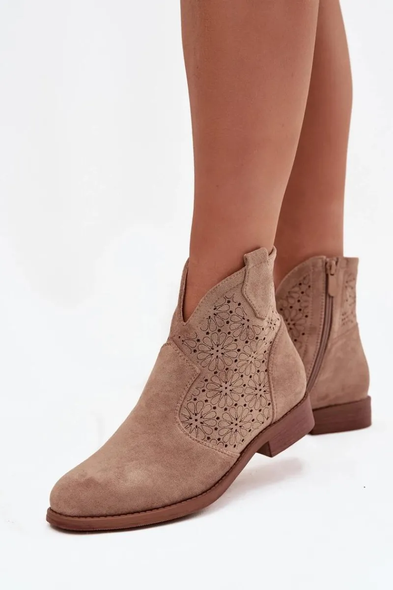 Discount Botki Damskie Na Płaskim Obcasie S.Barski HY52-532 Beżowe Damskie Botki Ażurowe|Botki Płaskie