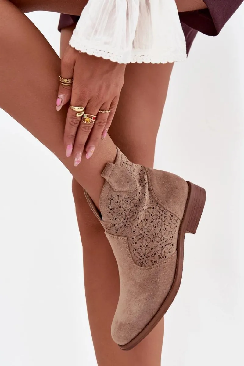 Discount Botki Damskie Na Płaskim Obcasie S.Barski HY52-532 Beżowe Damskie Botki Ażurowe|Botki Płaskie