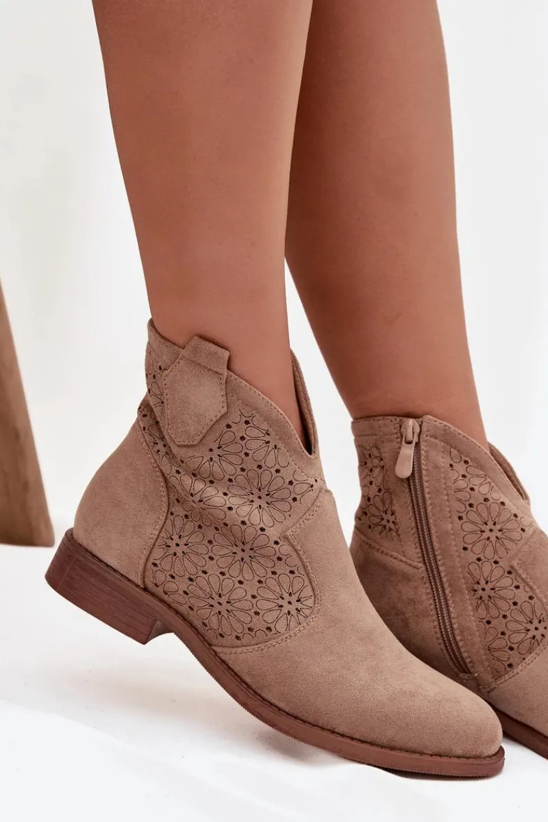 Discount Botki Damskie Na Płaskim Obcasie S.Barski HY52-532 Beżowe Damskie Botki Ażurowe|Botki Płaskie