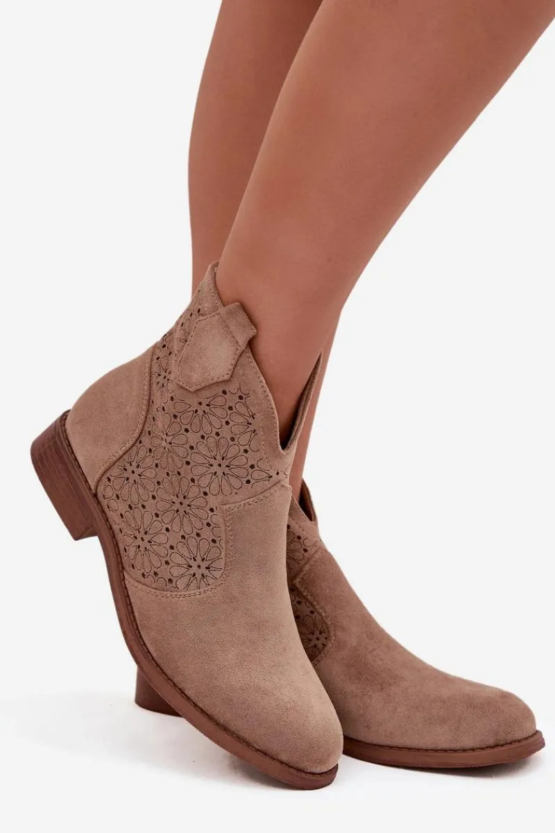 Discount Botki Damskie Na Płaskim Obcasie S.Barski HY52-532 Beżowe Damskie Botki Ażurowe|Botki Płaskie