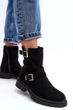 Outlet Boto Botki Damskie Na Płaskim Obcasie Z Klamrami Czarne Bliggore Czarny