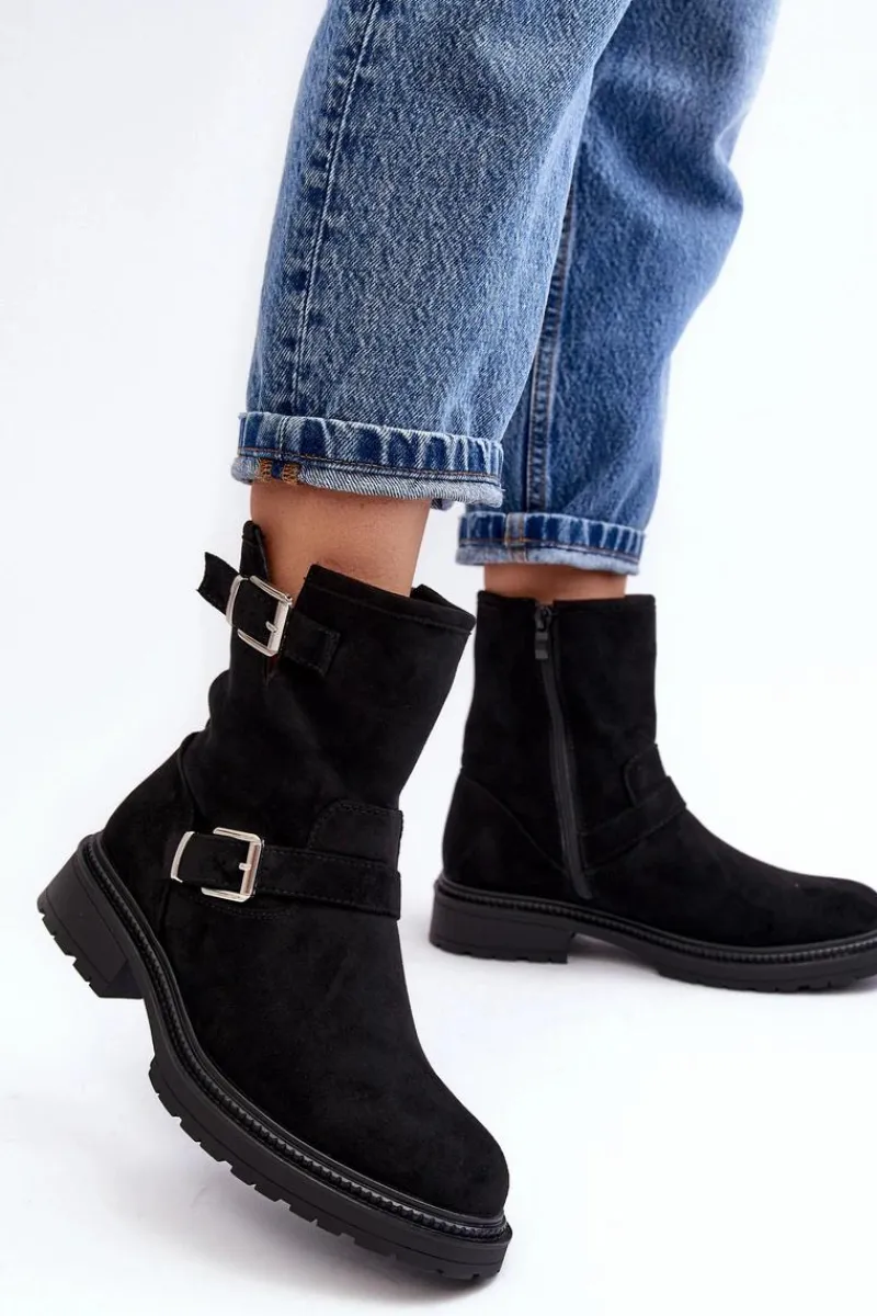 Outlet Boto Botki Damskie Na Płaskim Obcasie Z Klamrami Czarne Bliggore Czarny