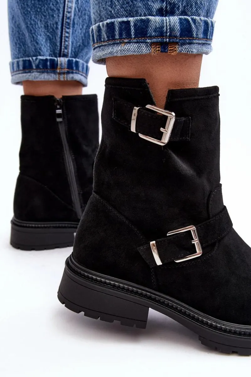 Outlet Boto Botki Damskie Na Płaskim Obcasie Z Klamrami Czarne Bliggore Czarny