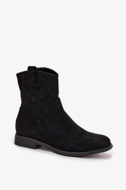 Outlet Botki Damskie Na Płaskim Obcasie Z Ażurowym Wzorem S.Barski HY52-530 Czarne Damskie Botki Ażurowe|Botki Płaskie