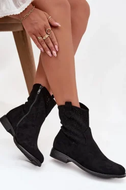 Outlet Botki Damskie Na Płaskim Obcasie Z Ażurowym Wzorem S.Barski HY52-530 Czarne Damskie Botki Ażurowe|Botki Płaskie