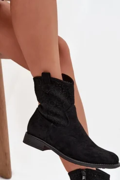 Outlet Botki Damskie Na Płaskim Obcasie Z Ażurowym Wzorem S.Barski HY52-530 Czarne Damskie Botki Ażurowe|Botki Płaskie