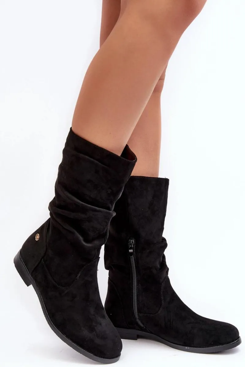 Czarne Botki|Botki Płaskie>Evento Botki Damskie Na Płaskim Obcasie Z Marszczoną Cholewką Czarne Kotine