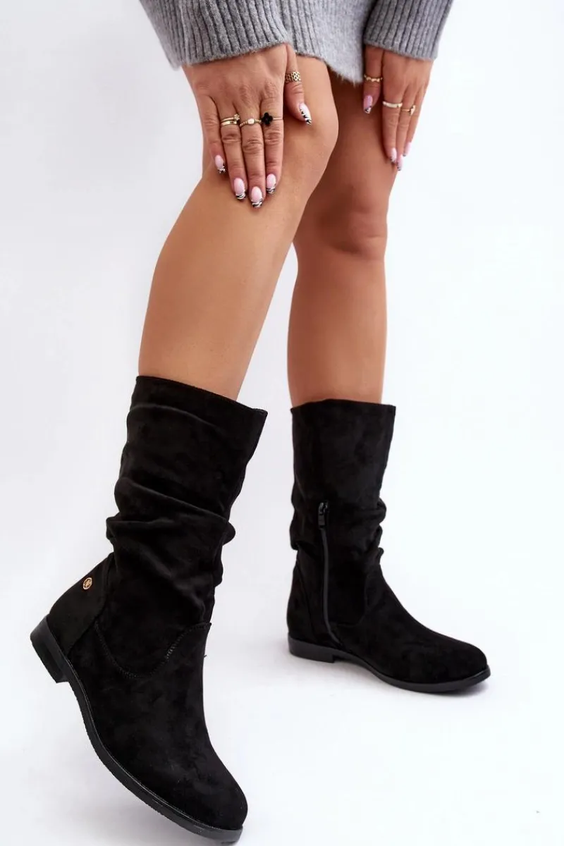 Czarne Botki|Botki Płaskie>Evento Botki Damskie Na Płaskim Obcasie Z Marszczoną Cholewką Czarne Kotine