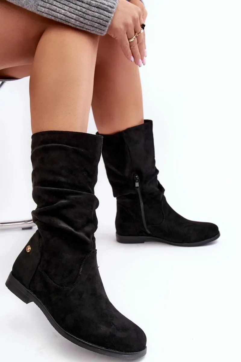 Czarne Botki|Botki Płaskie>Evento Botki Damskie Na Płaskim Obcasie Z Marszczoną Cholewką Czarne Kotine