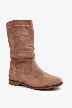 Best Evento Botki Damskie Na Płaskim Obcasie Z Marszczoną Cholewką Beżowe Kotine