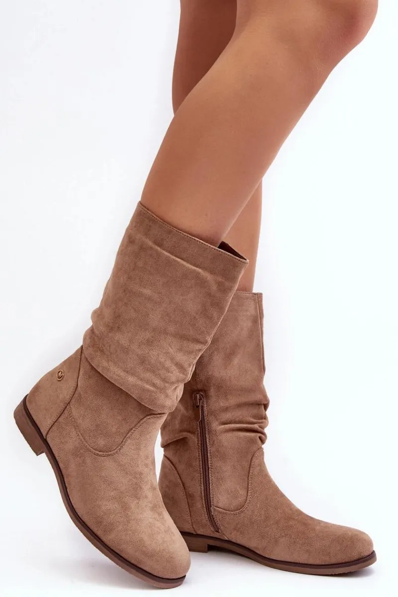 Best Evento Botki Damskie Na Płaskim Obcasie Z Marszczoną Cholewką Beżowe Kotine