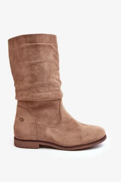 Best Evento Botki Damskie Na Płaskim Obcasie Z Marszczoną Cholewką Beżowe Kotine