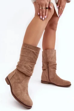 Best Evento Botki Damskie Na Płaskim Obcasie Z Marszczoną Cholewką Beżowe Kotine