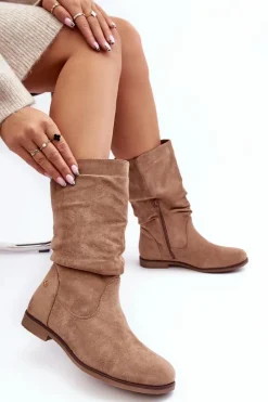 Best Evento Botki Damskie Na Płaskim Obcasie Z Marszczoną Cholewką Beżowe Kotine