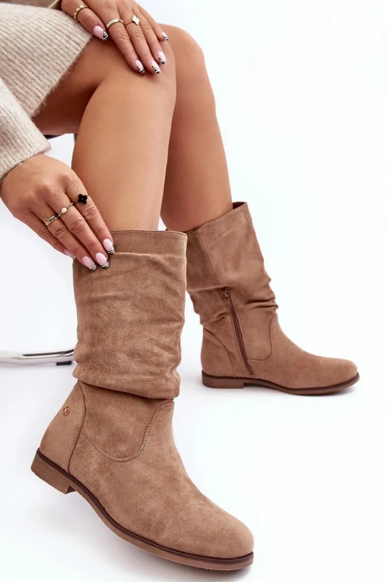 Best Evento Botki Damskie Na Płaskim Obcasie Z Marszczoną Cholewką Beżowe Kotine