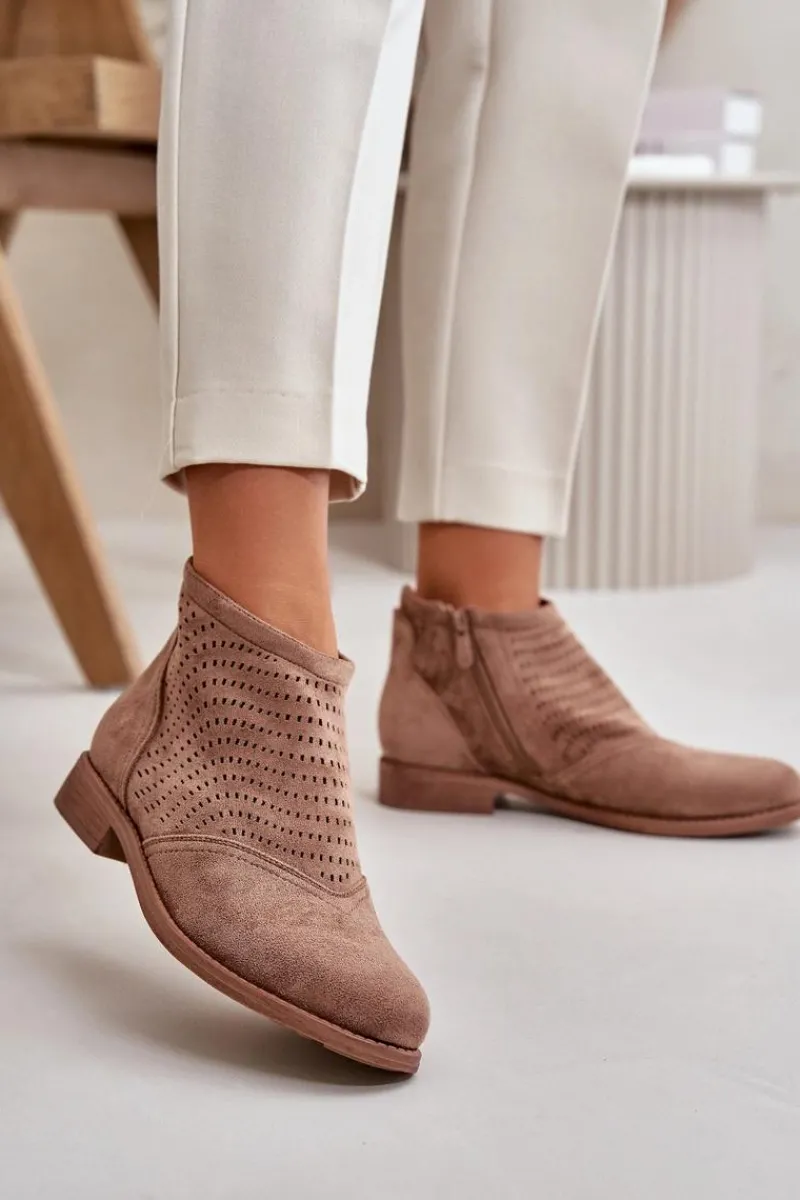 Botki Ażurowe|Brązowe I Beżowe Botki>Damskie buty S.Barski Botki Damskie Na Płaskim Obcasie Ażurowe Brązowe S.Barski HY42-076 Brązowy