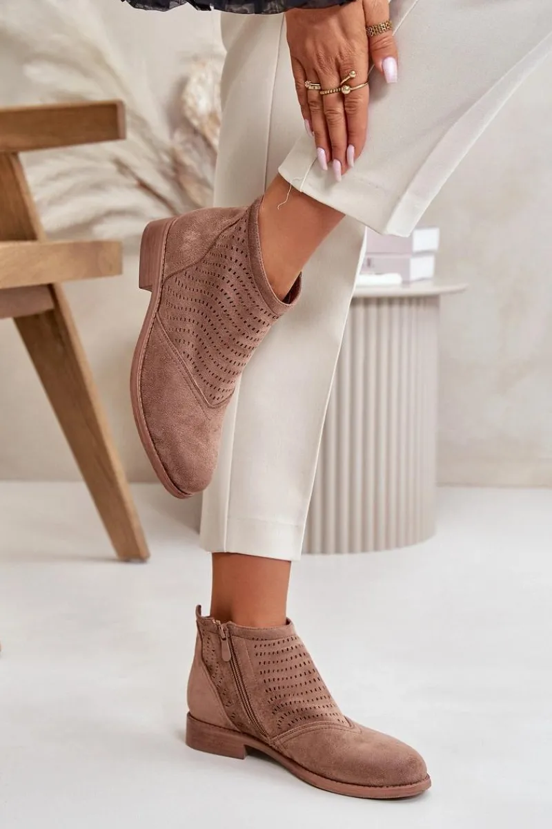 Botki Ażurowe|Brązowe I Beżowe Botki>Damskie buty S.Barski Botki Damskie Na Płaskim Obcasie Ażurowe Brązowe S.Barski HY42-076 Brązowy