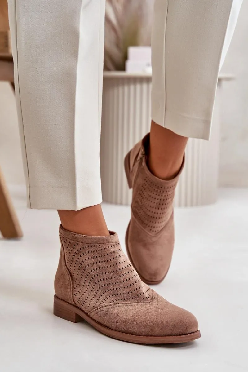 Botki Ażurowe|Brązowe I Beżowe Botki>Damskie buty S.Barski Botki Damskie Na Płaskim Obcasie Ażurowe Brązowe S.Barski HY42-076 Brązowy