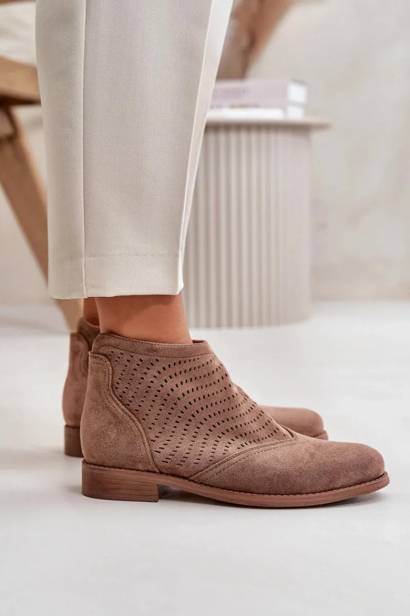 Botki Ażurowe|Brązowe I Beżowe Botki>Damskie buty S.Barski Botki Damskie Na Płaskim Obcasie Ażurowe Brązowe S.Barski HY42-076 Brązowy