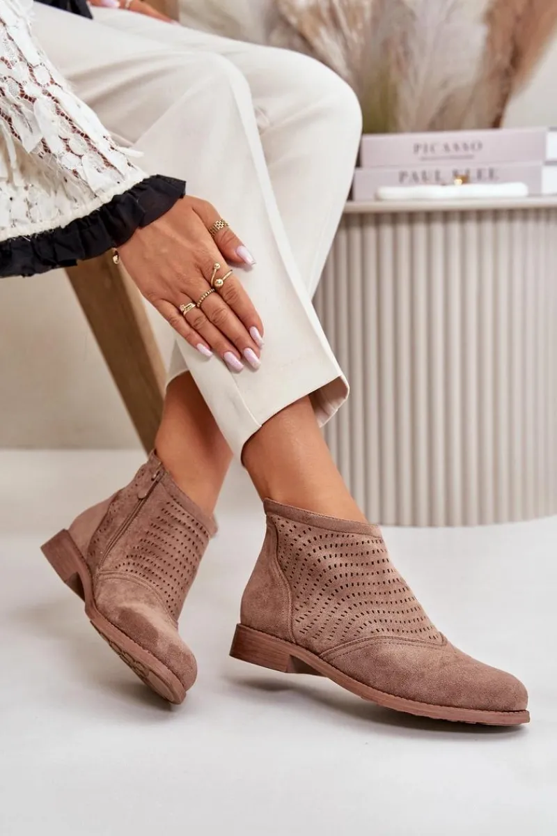 Botki Ażurowe|Brązowe I Beżowe Botki>Damskie buty S.Barski Botki Damskie Na Płaskim Obcasie Ażurowe Brązowe S.Barski HY42-076 Brązowy