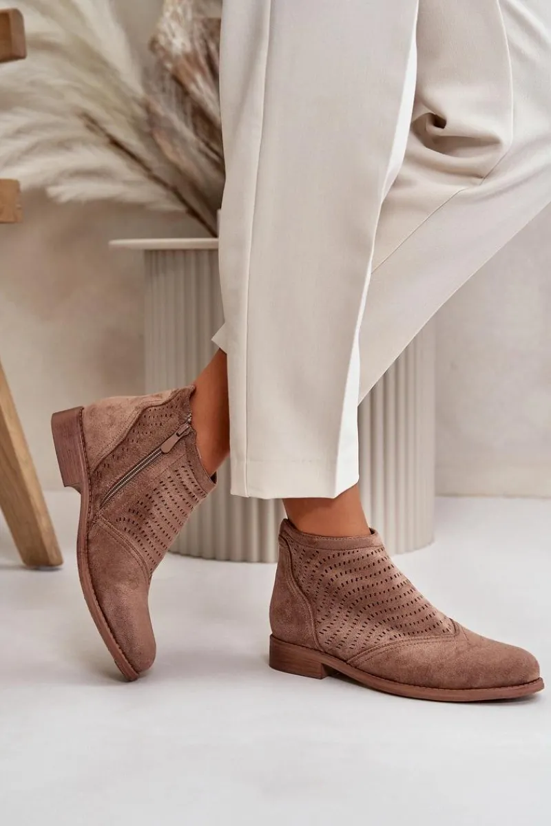 Botki Ażurowe|Brązowe I Beżowe Botki>Damskie buty S.Barski Botki Damskie Na Płaskim Obcasie Ażurowe Brązowe S.Barski HY42-076 Brązowy