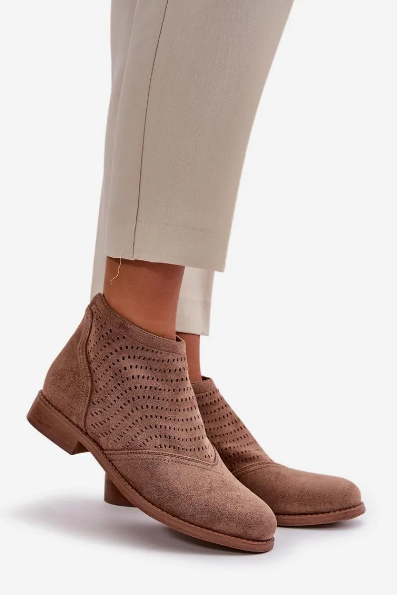 Botki Ażurowe|Brązowe I Beżowe Botki>Damskie buty S.Barski Botki Damskie Na Płaskim Obcasie Ażurowe Brązowe S.Barski HY42-076 Brązowy