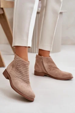 Hot Botki Damskie Na Płaskim Obcasie Ażurowe Beżowe S.Barski HY42-076 Damskie Botki Ażurowe|Brązowe I Beżowe Botki