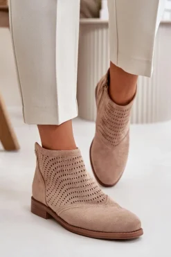 Hot Botki Damskie Na Płaskim Obcasie Ażurowe Beżowe S.Barski HY42-076 Damskie Botki Ażurowe|Brązowe I Beżowe Botki