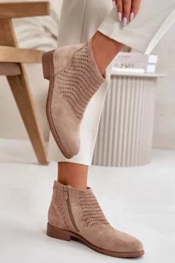 Hot Botki Damskie Na Płaskim Obcasie Ażurowe Beżowe S.Barski HY42-076 Damskie Botki Ażurowe|Brązowe I Beżowe Botki
