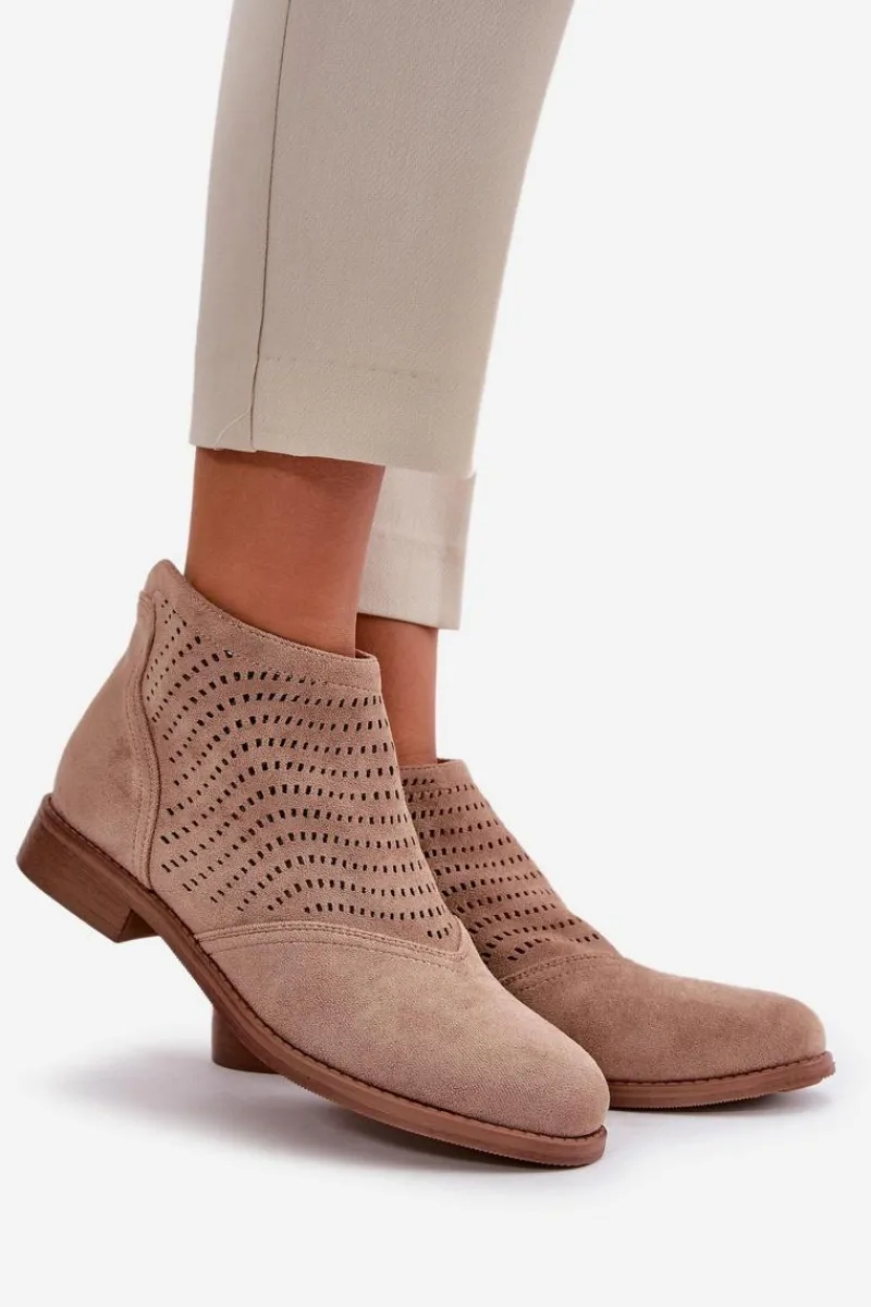 Hot Botki Damskie Na Płaskim Obcasie Ażurowe Beżowe S.Barski HY42-076 Damskie Botki Ażurowe|Brązowe I Beżowe Botki