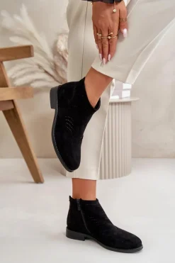 Best Damskie buty S.Barski Botki Damskie Na Płaskim Obcasie Ażurowe Czarne S.Barski HY42-076 Czarny