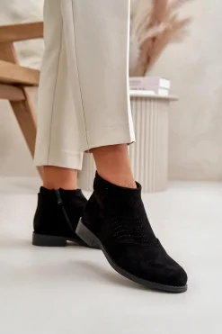 Best Damskie buty S.Barski Botki Damskie Na Płaskim Obcasie Ażurowe Czarne S.Barski HY42-076 Czarny