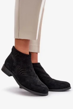 Best Damskie buty S.Barski Botki Damskie Na Płaskim Obcasie Ażurowe Czarne S.Barski HY42-076 Czarny