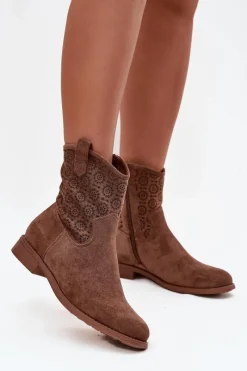 Botki Ażurowe|Botki Płaskie>Damskie buty S.Barski Botki Damskie Na Płaskim Obcasie Z Ażurowym Wzorem S.Barski HY52-530 Brązowe Brązowy