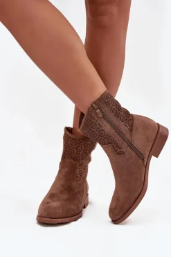 Botki Ażurowe|Botki Płaskie>Damskie buty S.Barski Botki Damskie Na Płaskim Obcasie Z Ażurowym Wzorem S.Barski HY52-530 Brązowe Brązowy