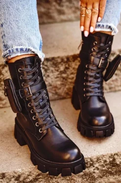 Botki Sznurowane|Czarne Botki>Damskie buty S.Barski Botki Damskie Na Platformie Ocieplane Czarne Verdem