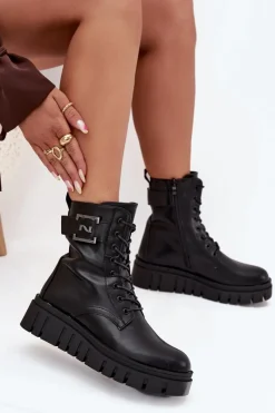 Botki Ocieplane|Botki Sznurowane>Boto Botki Damskie Na Platformie Z Ozdobnym Detalem Ocieplane Czarne Lyrana Czarny