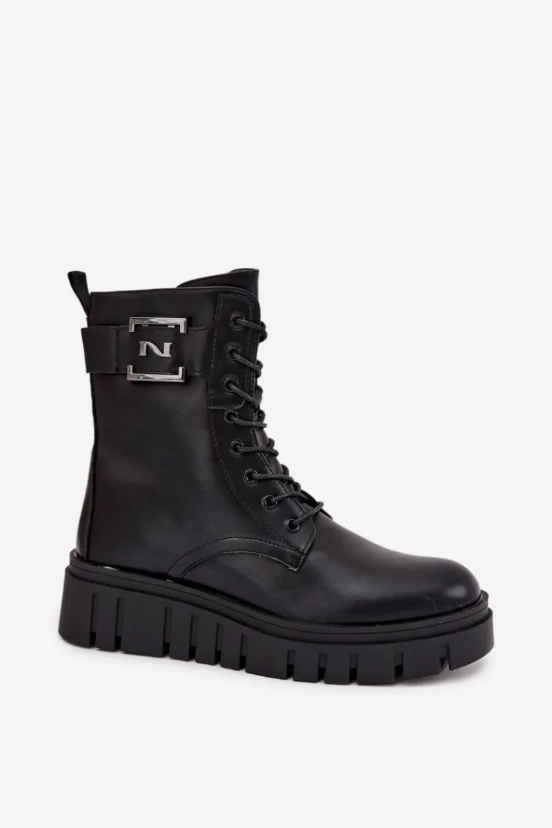 Botki Ocieplane|Botki Sznurowane>Boto Botki Damskie Na Platformie Z Ozdobnym Detalem Ocieplane Czarne Lyrana Czarny