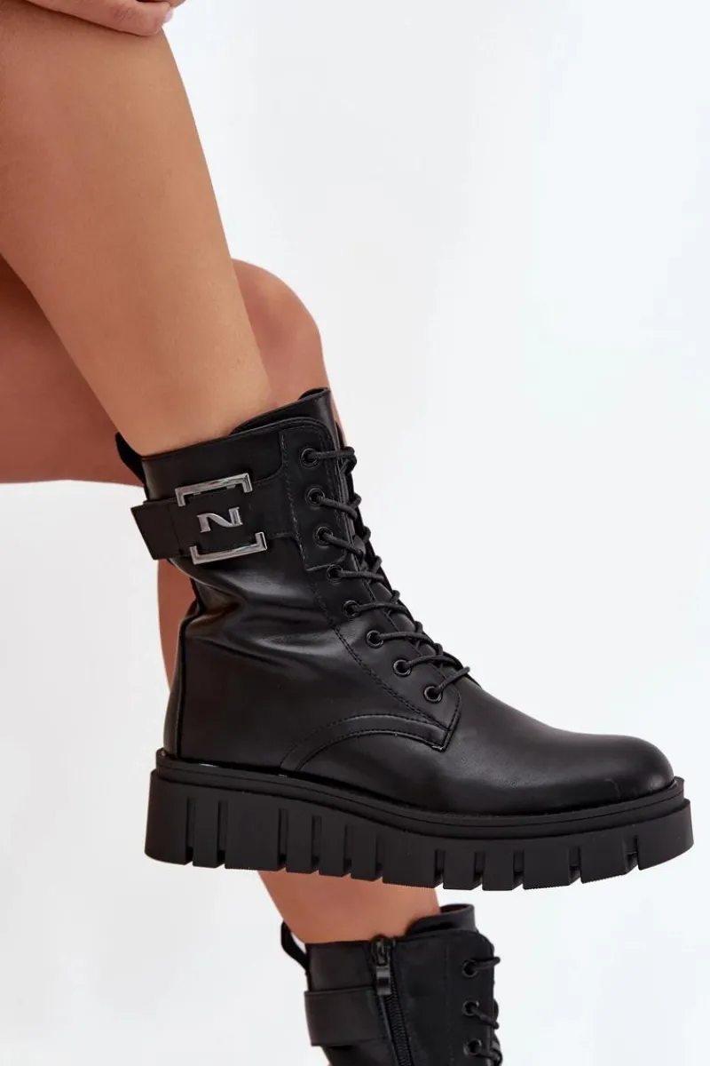 Botki Ocieplane|Botki Sznurowane>Boto Botki Damskie Na Platformie Z Ozdobnym Detalem Ocieplane Czarne Lyrana Czarny