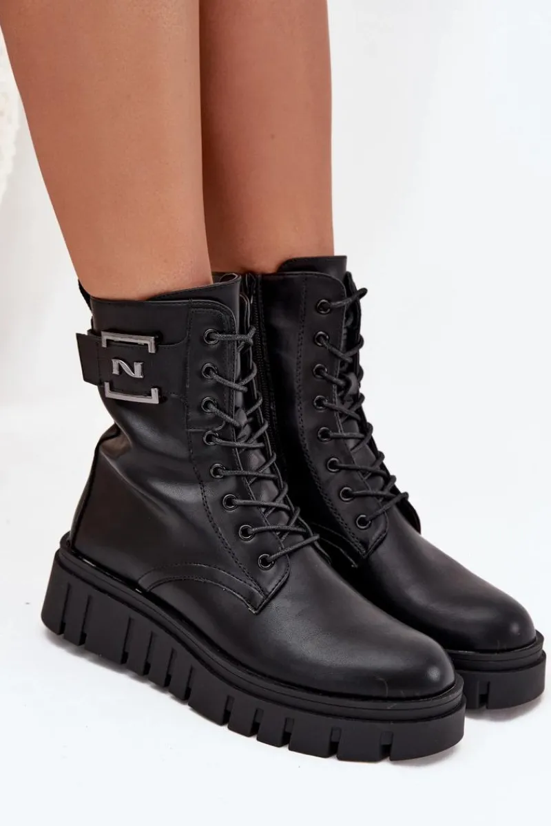 Botki Ocieplane|Botki Sznurowane>Boto Botki Damskie Na Platformie Z Ozdobnym Detalem Ocieplane Czarne Lyrana Czarny