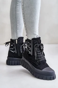 Outlet Botki Damskie Na Platformie Z Ozdobnym Sznurowaniem Czarne Edidda Damskie Damskie Trapery|Botki Sznurowane