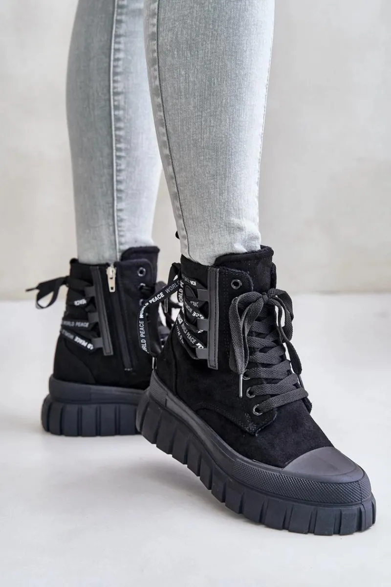 Outlet Botki Damskie Na Platformie Z Ozdobnym Sznurowaniem Czarne Edidda Damskie Damskie Trapery|Botki Sznurowane