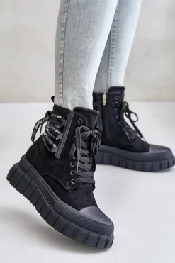 Outlet Botki Damskie Na Platformie Z Ozdobnym Sznurowaniem Czarne Edidda Damskie Damskie Trapery|Botki Sznurowane