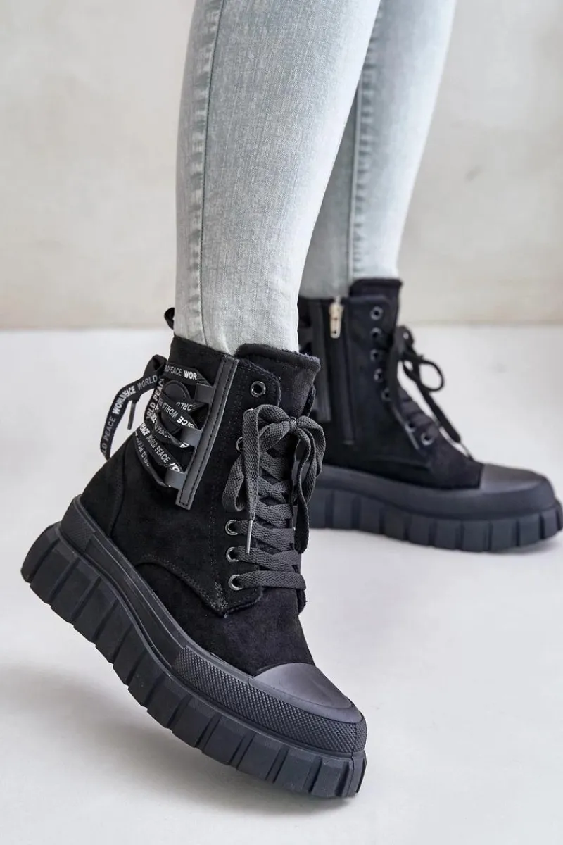 Outlet Botki Damskie Na Platformie Z Ozdobnym Sznurowaniem Czarne Edidda Damskie Damskie Trapery|Botki Sznurowane