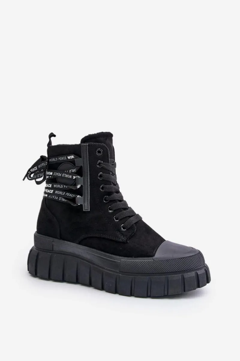 Outlet Botki Damskie Na Platformie Z Ozdobnym Sznurowaniem Czarne Edidda Damskie Damskie Trapery|Botki Sznurowane