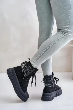Outlet Botki Damskie Na Platformie Z Ozdobnym Sznurowaniem Czarne Edidda Damskie Damskie Trapery|Botki Sznurowane