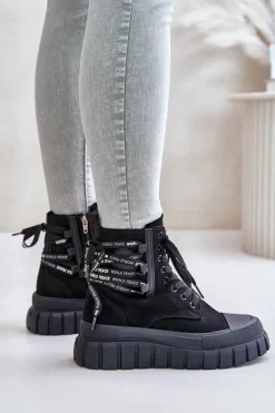 Outlet Botki Damskie Na Platformie Z Ozdobnym Sznurowaniem Czarne Edidda Damskie Damskie Trapery|Botki Sznurowane