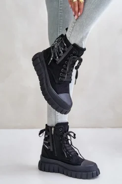 Outlet Botki Damskie Na Platformie Z Ozdobnym Sznurowaniem Czarne Edidda Damskie Damskie Trapery|Botki Sznurowane