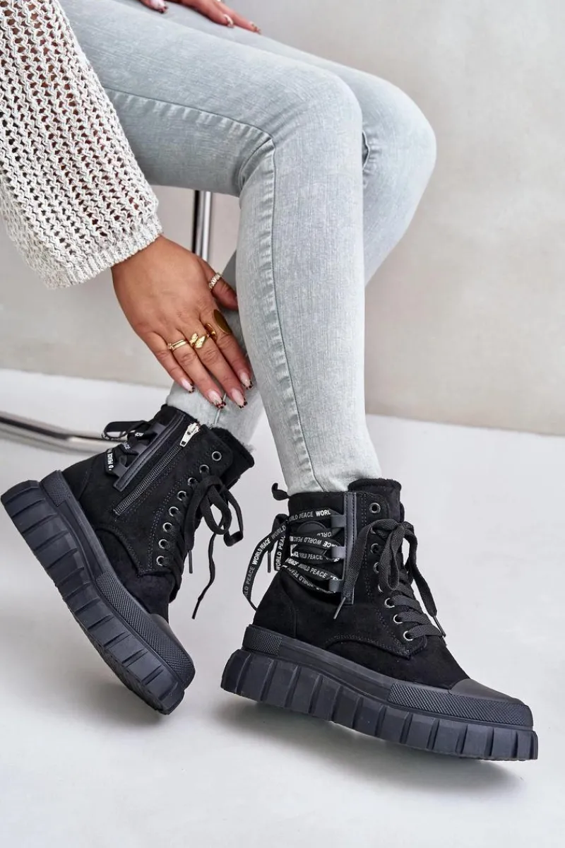Outlet Botki Damskie Na Platformie Z Ozdobnym Sznurowaniem Czarne Edidda Damskie Damskie Trapery|Botki Sznurowane